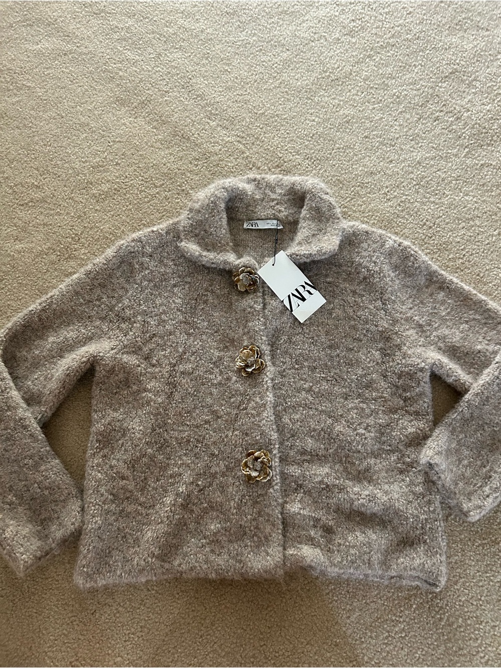 Zara Taupe Fuzzy Coat with Floral Buttons